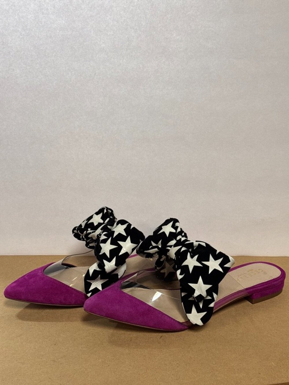 Cecelia New York Melanie Pink Suede Star Black White Bow Clear Slide Flats 6.5M